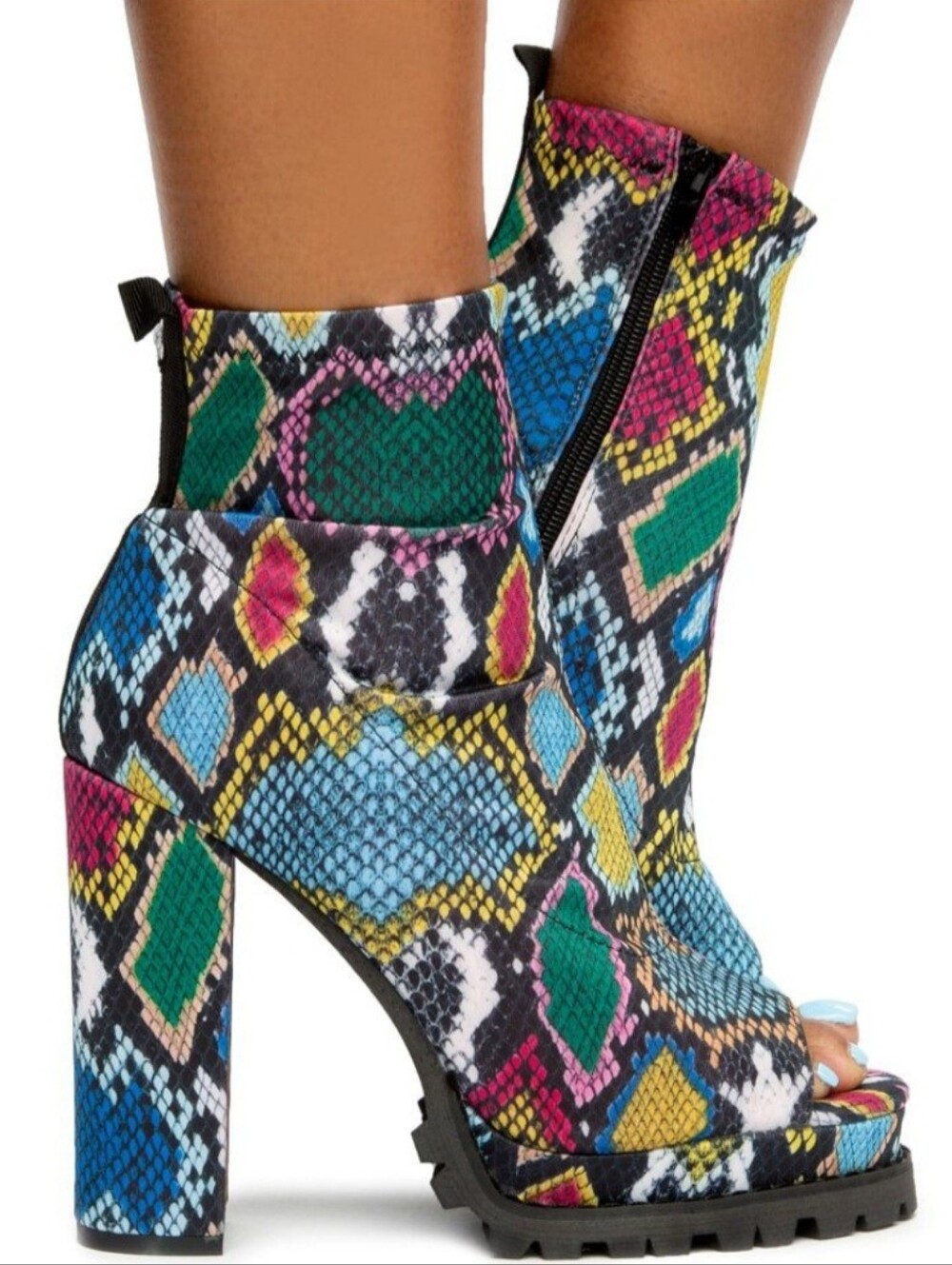 Liliana Multicolor Snake-Print Peep-Toe Block Heel Booties - Picture 3 of 4